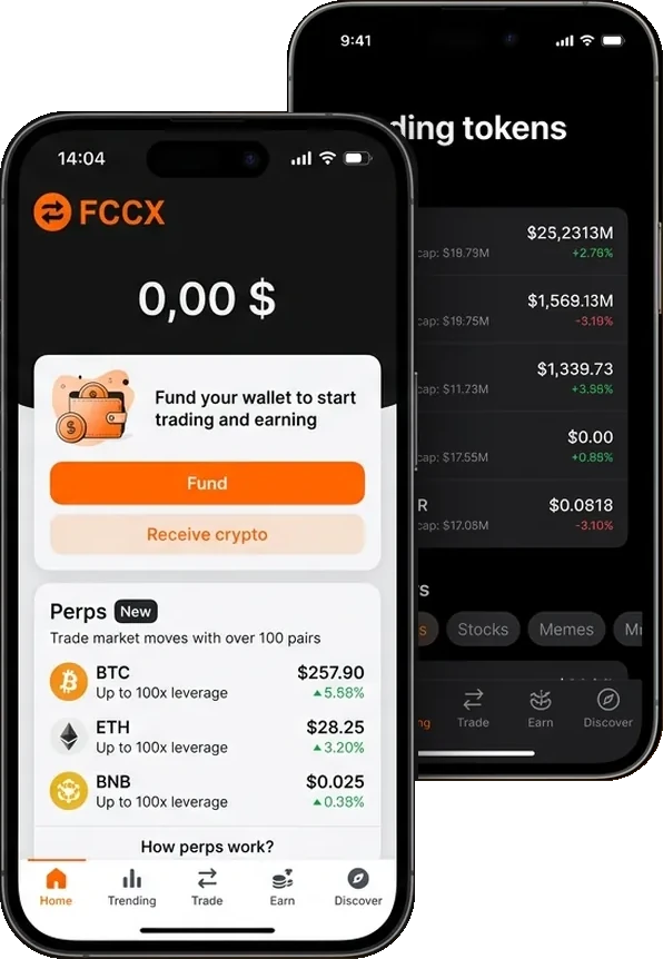 FCCX's iOS app: a wallet balance with Fund and Receive crypto, and trending tokens with live prices