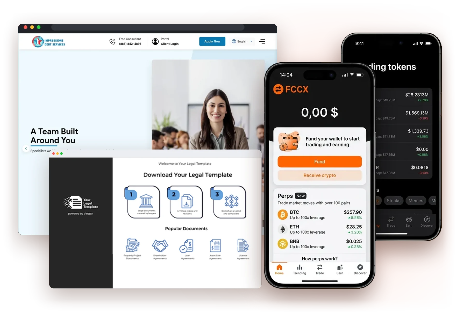Three financial products InApps built or runs: the FCCX crypto exchange app with a wallet balance and live prices, in front of the Impressions Debt Services website and Vleppo's legal template desktop app