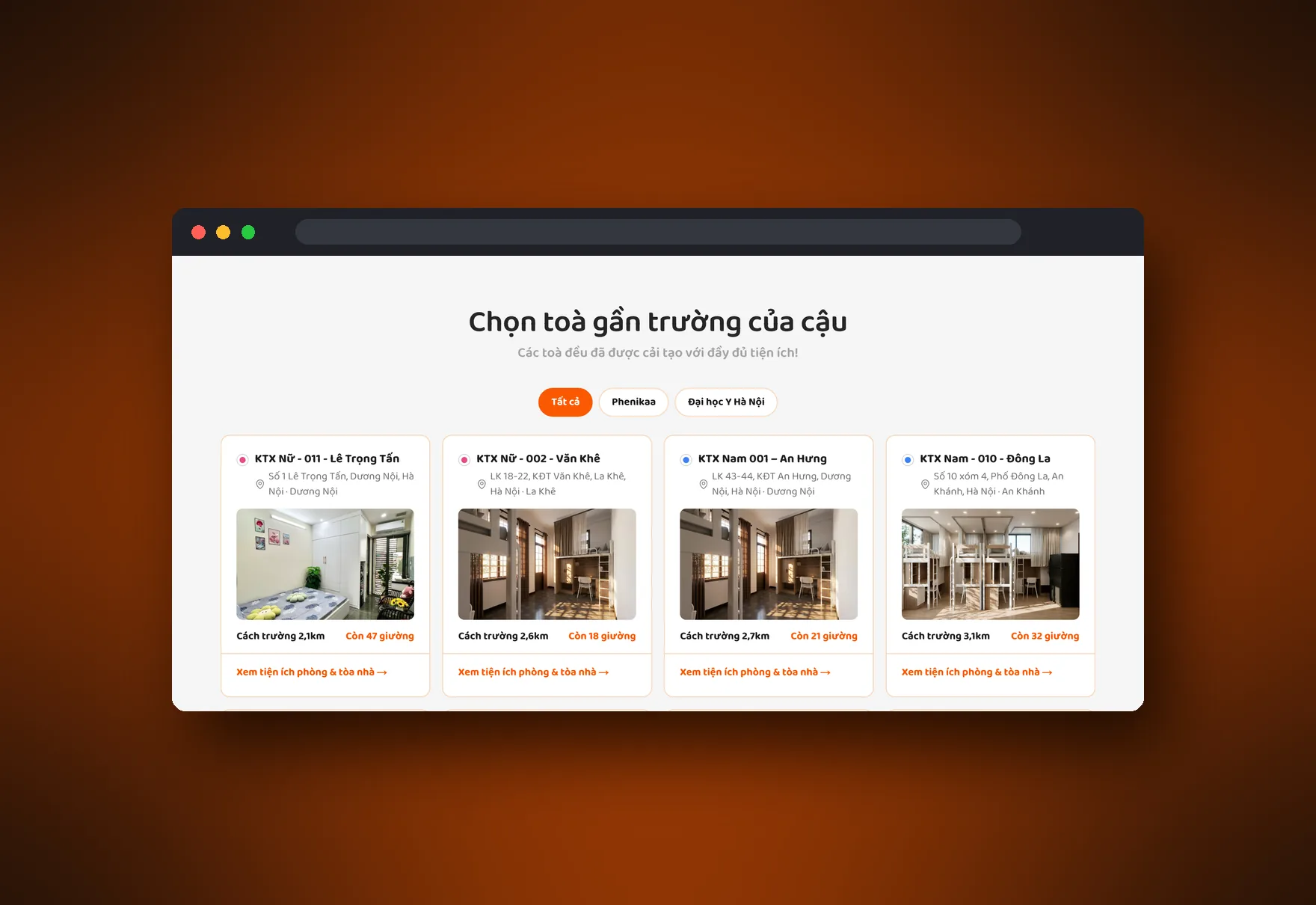 Homerun's building list in a browser window: the heading Chọn toà gần trường của cậu, filters for all schools, Phenikaa and Hanoi Medical University, and four dormitory buildings with photos, distance to school and beds left