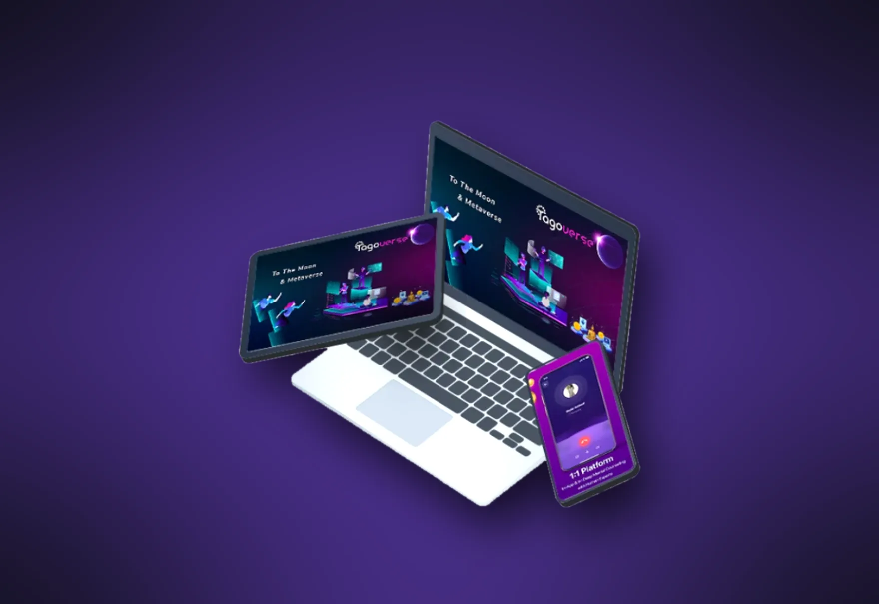 Tago on a laptop, a tablet and a phone: the laptop and tablet show a purple Tagoverse banner, and the phone shows a one-to-one video call screen