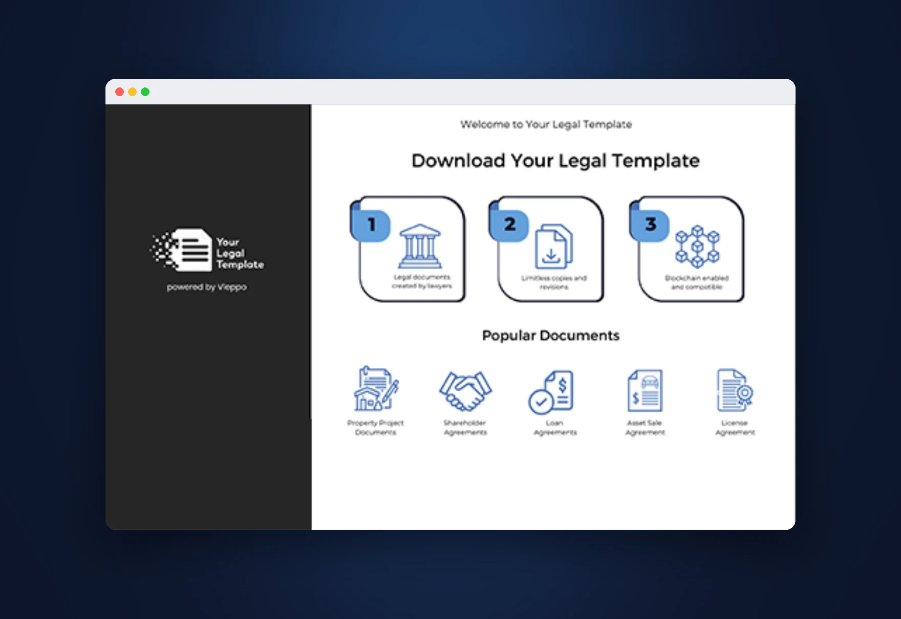 The Your Legal Template app, powered by Vleppo: a download screen with lawyer-drafted, blockchain-enabled templates and popular documents such as shareholder, loan, asset sale and licence agreements