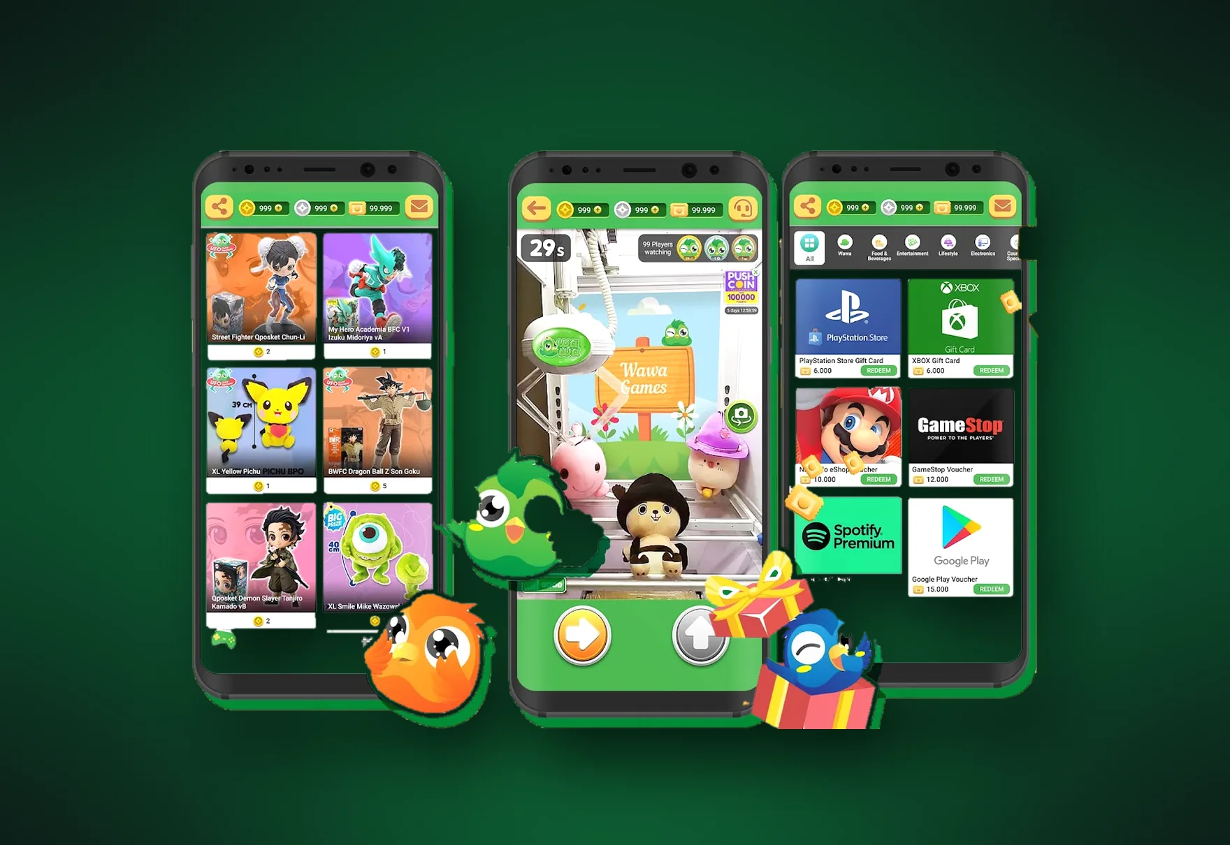 Three screens from the Wawa Games app on Google Play: a grid of figure prizes to play for, a live claw machine view with its controls and a 29-second timer, and the rewards store for redeeming e-tickets